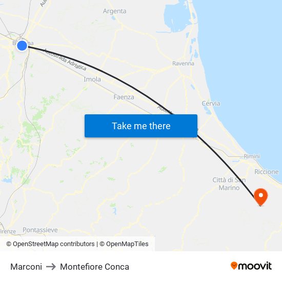 Marconi to Montefiore Conca map