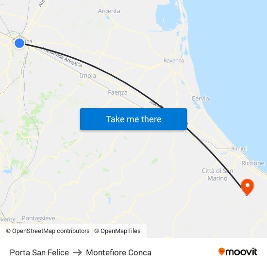 Porta San Felice to Montefiore Conca map