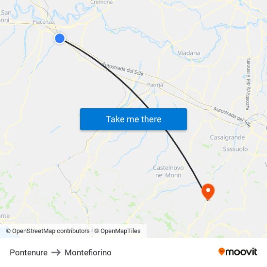 Pontenure to Montefiorino map