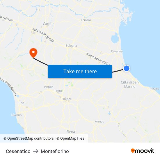 Cesenatico to Montefiorino map