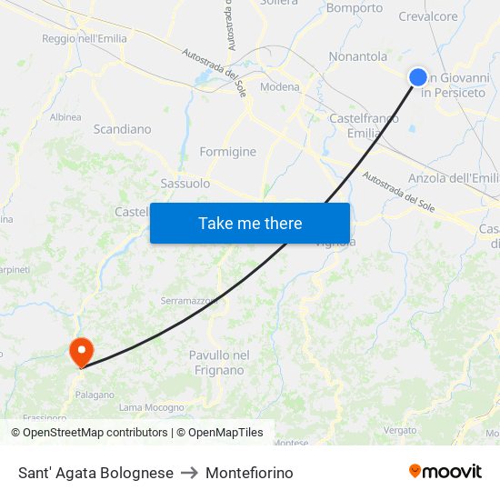 Sant' Agata Bolognese to Montefiorino map