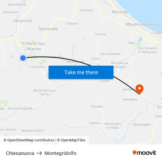 Chiesanuova to Montegridolfo map