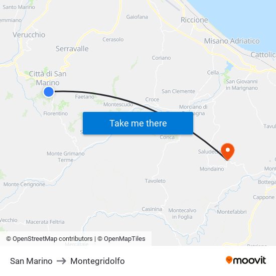 San Marino to Montegridolfo map