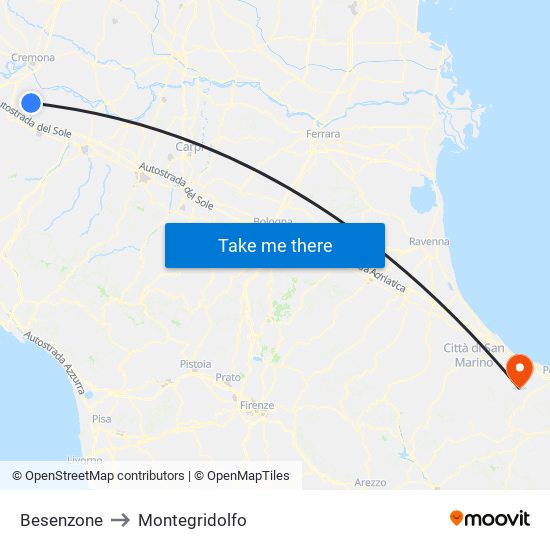 Besenzone to Montegridolfo map