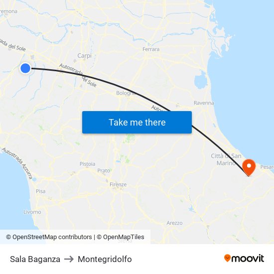 Sala Baganza to Montegridolfo map