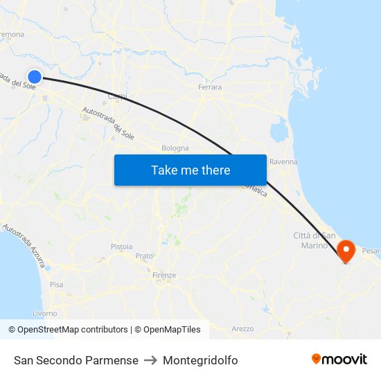 San Secondo Parmense to Montegridolfo map