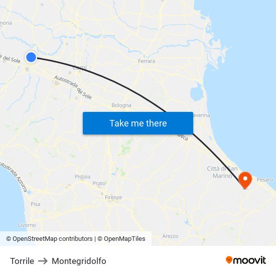 Torrile to Montegridolfo map