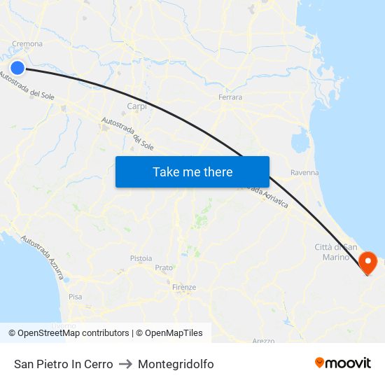 San Pietro In Cerro to Montegridolfo map