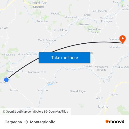 Carpegna to Montegridolfo map