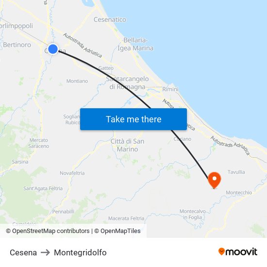 Cesena to Montegridolfo map