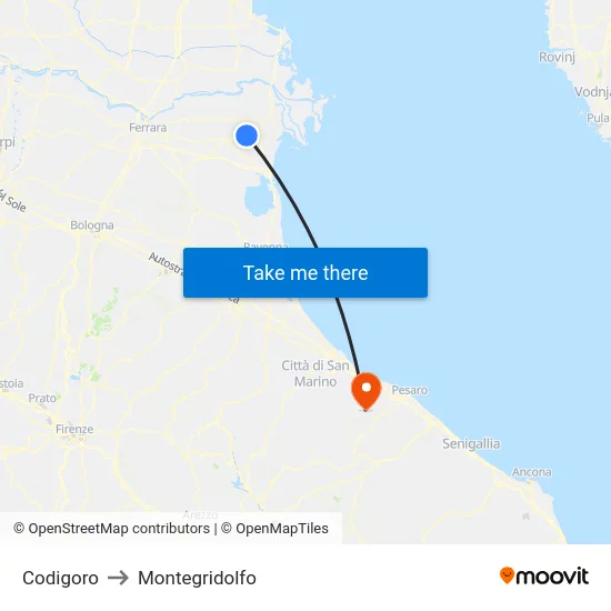 Codigoro to Montegridolfo map
