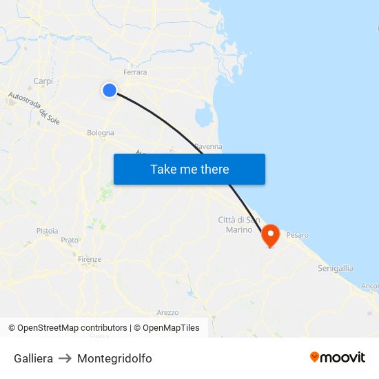 Galliera to Montegridolfo map