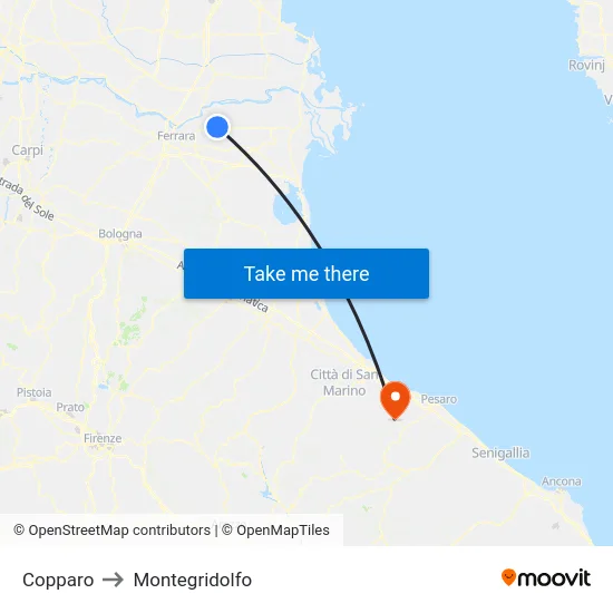 Copparo to Montegridolfo map
