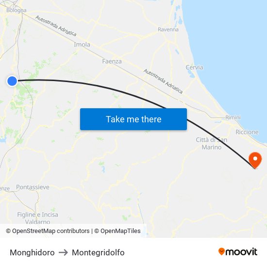 Monghidoro to Montegridolfo map
