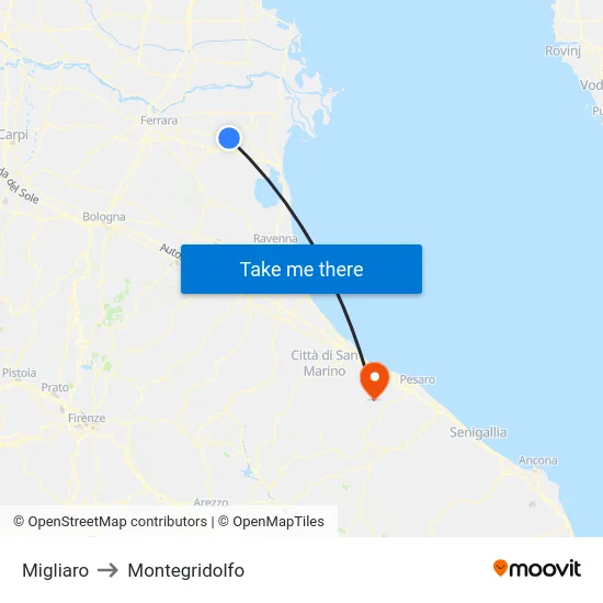 Migliaro to Montegridolfo map