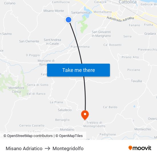 Misano Adriatico to Montegridolfo map