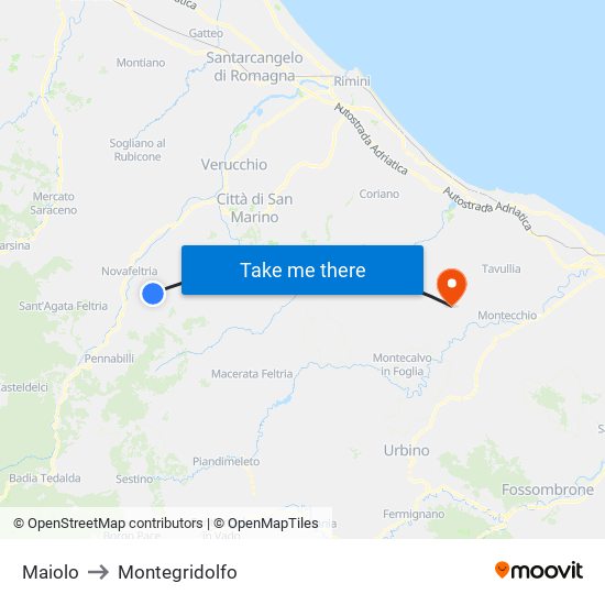 Maiolo to Montegridolfo map