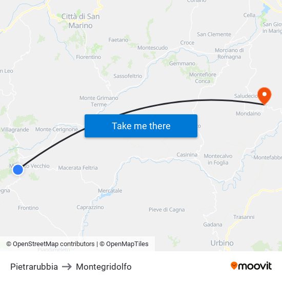 Pietrarubbia to Montegridolfo map