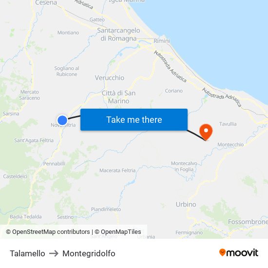 Talamello to Montegridolfo map