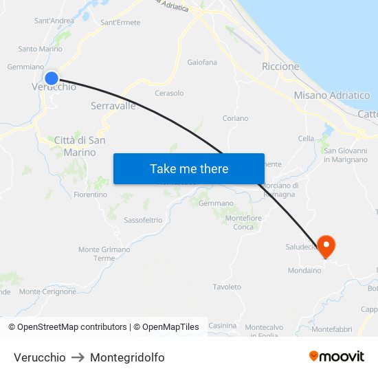 Verucchio to Montegridolfo map