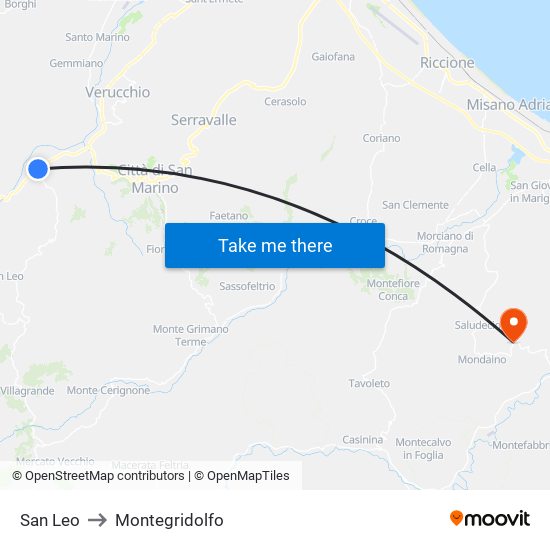 San Leo to Montegridolfo map