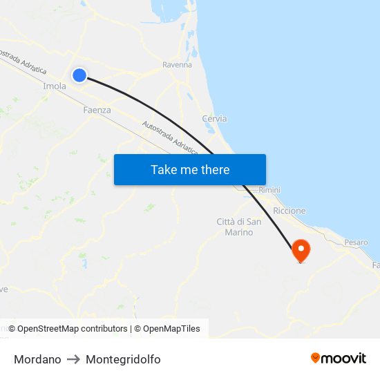 Mordano to Montegridolfo map