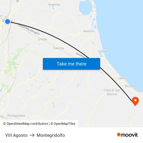 VIII Agosto to Montegridolfo map