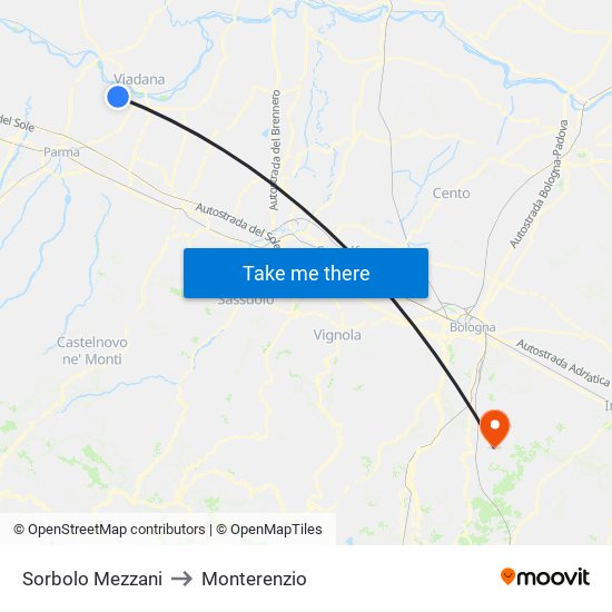 Sorbolo Mezzani to Monterenzio map