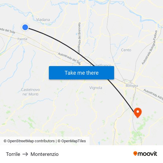 Torrile to Monterenzio map