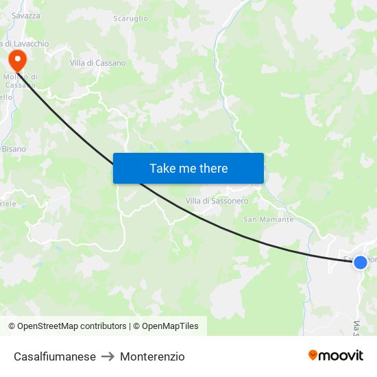 Casalfiumanese to Monterenzio map