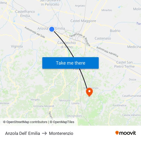 Anzola Dell' Emilia to Monterenzio map