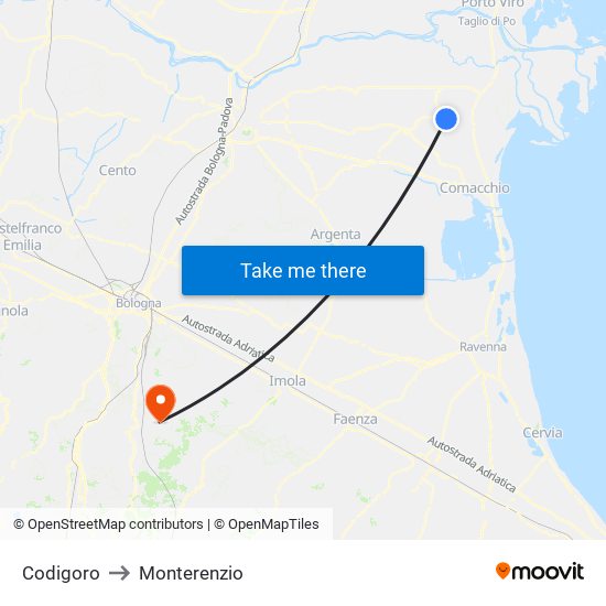 Codigoro to Monterenzio map