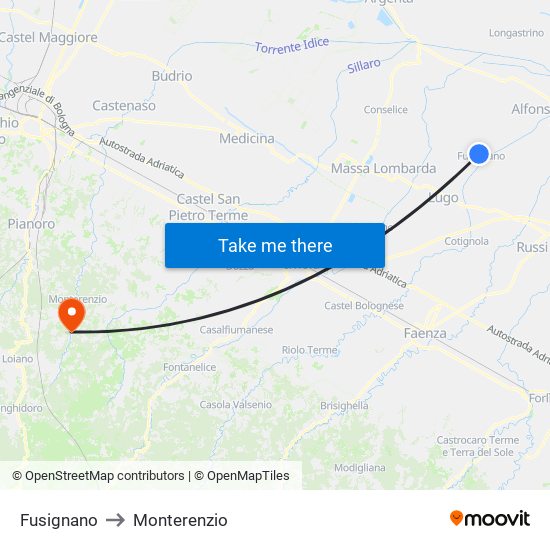 Fusignano to Monterenzio map