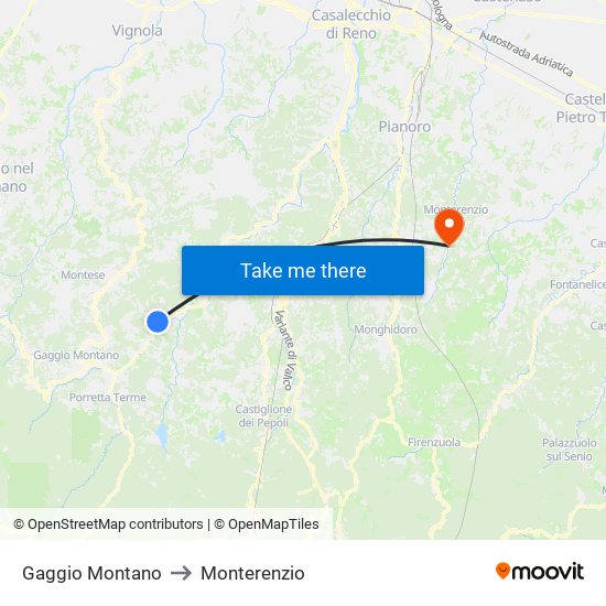 Gaggio Montano to Monterenzio map