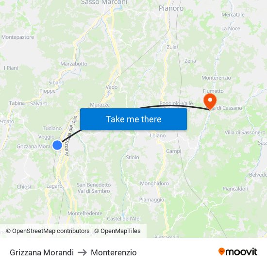 Grizzana Morandi to Monterenzio map