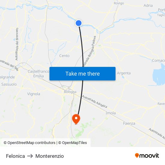 Felonica to Monterenzio map