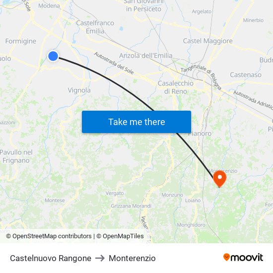 Castelnuovo Rangone to Monterenzio map