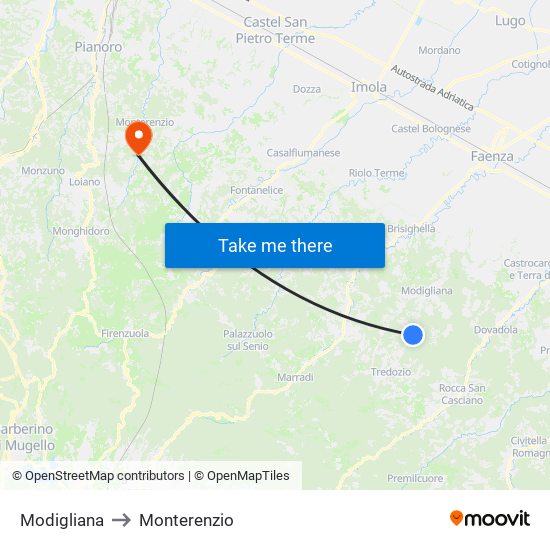 Modigliana to Monterenzio map