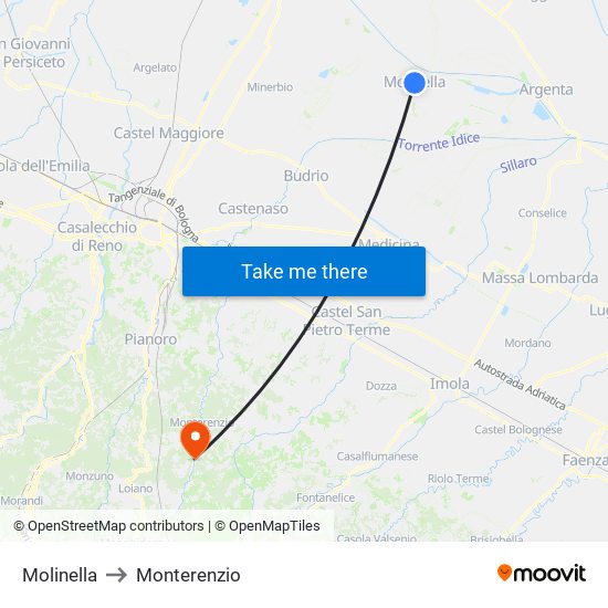 Molinella to Monterenzio map