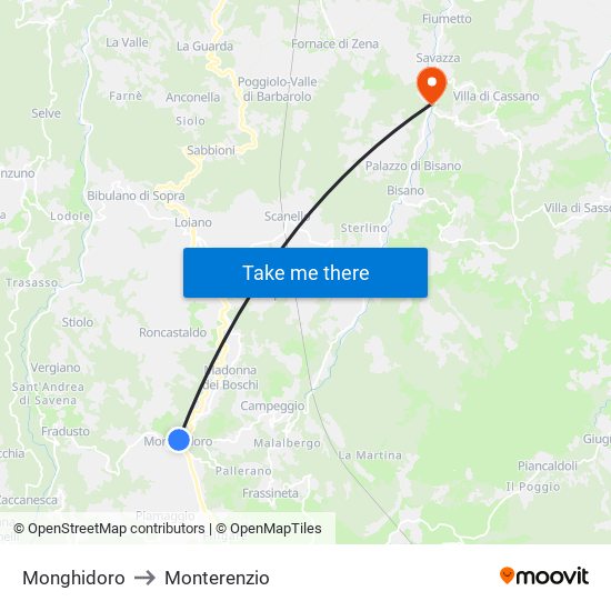 Monghidoro to Monterenzio map