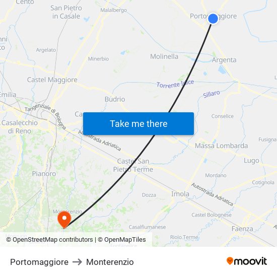 Portomaggiore to Monterenzio map