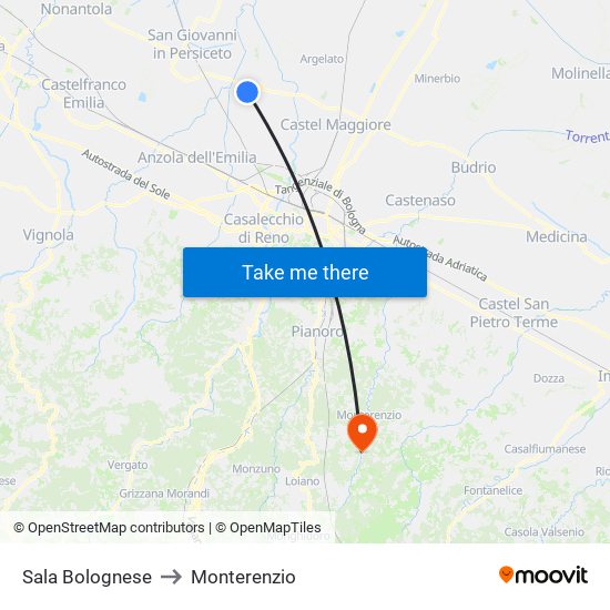 Sala Bolognese to Monterenzio map