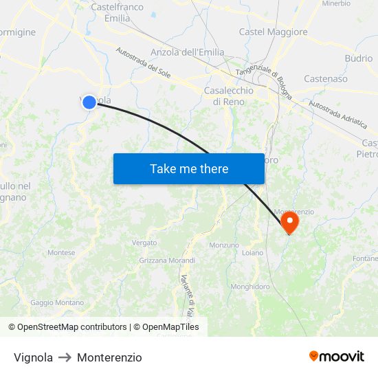Vignola to Monterenzio map