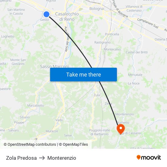 Zola Predosa to Monterenzio map