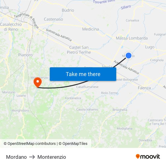 Mordano to Monterenzio map