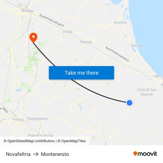 Novafeltria to Monterenzio map