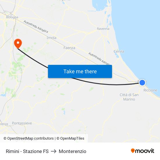 Rimini - Stazione FS to Monterenzio map