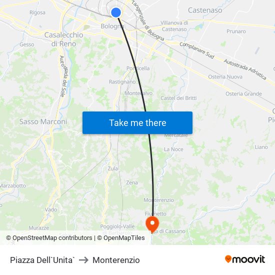 Piazza Dell`Unita` to Monterenzio map