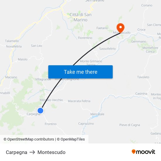 Carpegna to Montescudo map