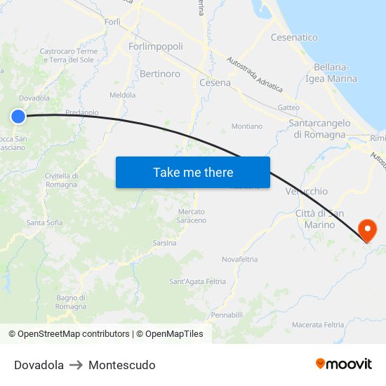 Dovadola to Montescudo map